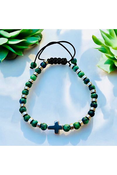 Rachel Silver Green Agate Natural Stone Hematite Stone Adjustable Elevator Drawstring Cross Bracelet