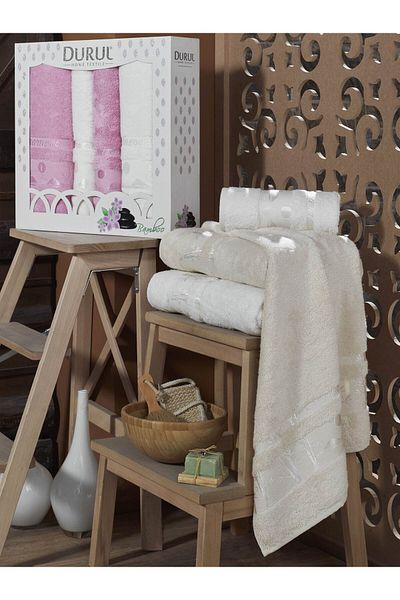 Durul Bamboo Bath Set 4 Pieces - (2 Pieces Battal Size Bath Towel 100*150 - 2 Pieces Hand Towel 50*90) - Boxed