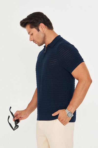 EDITION MAN Navy Blue Thin Summer Soft Cotton Zippered Polo Neck Knitwear Tshirt Ee100511598