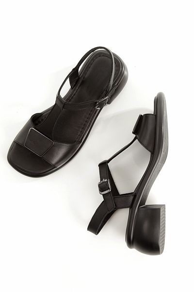 Modabuymus Tenus Black Genuine Leather Buckle Sandals Thick Heeled Women's Shoes