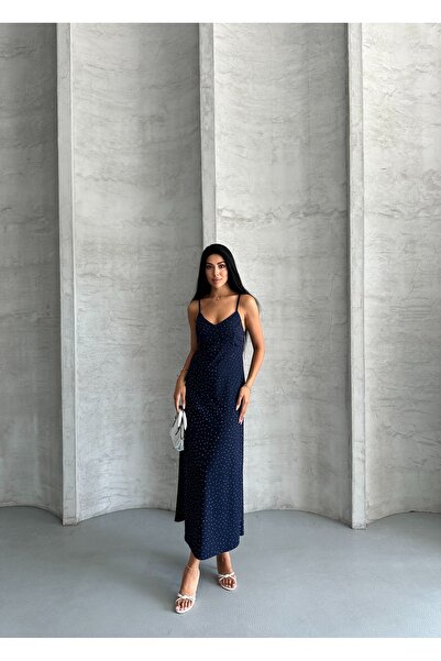 Moda Palmiss Γυναικείο μίντι φόρεμα με λεπτή λουριά μπλε Navy με πέτρινη λεπτ...