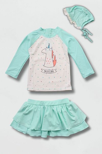 Beniizle Unicorn Printed Hat and Skirt 3-Piece Swimsuit Set