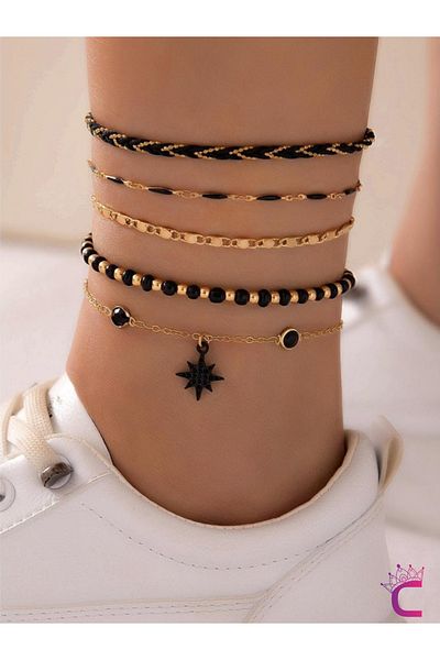 Cinderella Polar Star Black Thread Beaded Gold Chain 5-Piece Combination Anklet - Stainless Beach Jewelry Foot Bracelet