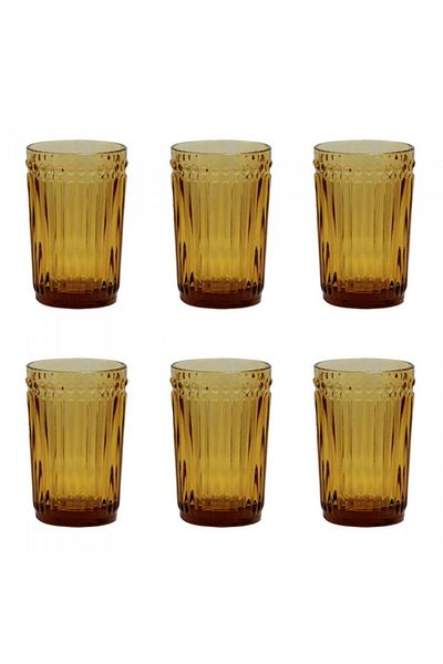 Raki Set 6 pahare sticla bauturi racoritoare, galbene OLD SCHOOL forme relief 8x12,5cm 360ml