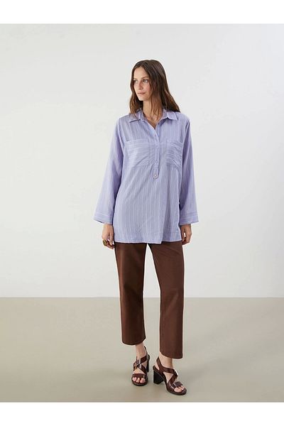 LC Waikiki Lcwaikiki Classic Purple Shirt Collar Striped Women's Tunic