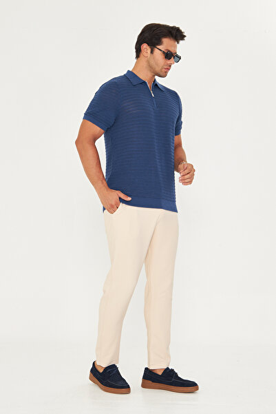 EDITION MAN Tricou din tricot cu gât polo cu fermoar din bumbac moale de vară Indigo EE100511598