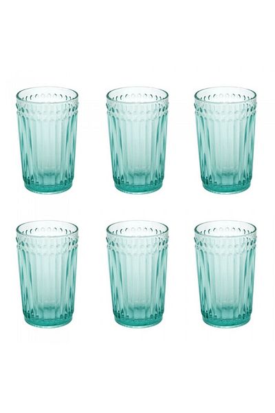 Raki Set 6 pahare sticla bauturi racoritoare, verde VINTAGE GREEN forme relief 8x12,5cm 350ml