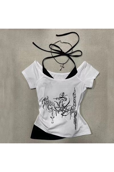 BİQ & TAQ BUTİK White Gothic Rock Collar Additional Strap Short Sleeve Full Body Crop