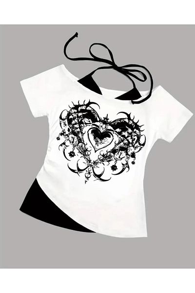 BİQ & TAQ BUTİK White Gothic Heart Collar Additional Strap Short Sleeve Full Body Crop