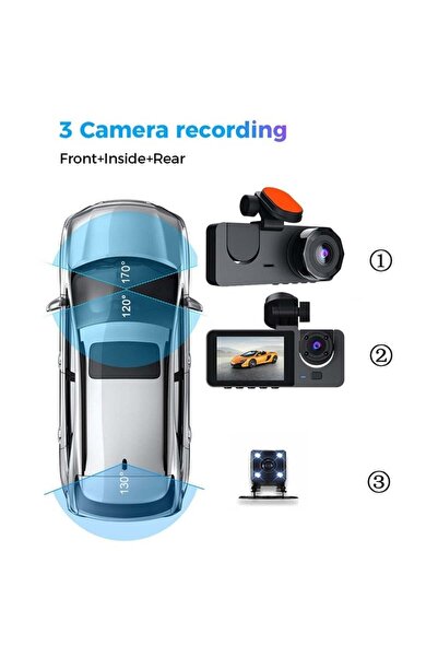 divendi-ro Triple slim car DVR camera, 2-inch LCD screen, Full HD, 3 lenses, 2 front and 1 rear, Gsensor, black
