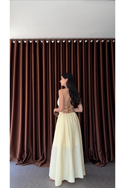 HAZELANNA Sırt Gold Detaylı Sarı Elbise