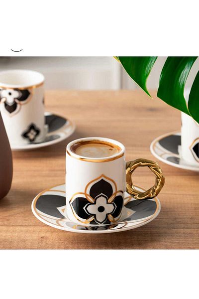 partridge store Gold Gilded Black and White Turkish Coffee Cup Set of 6
