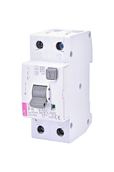 Eti RCBO differential switch, 2P, 25A, 30mA, 10kA, curve B, type A, KZS, 002172507,