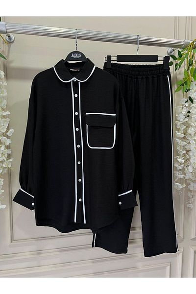 Viskosa Women's Shirt Collar Piping Pocket Buttoned Long Sleeve Casual Fit Elastic Pants Set of Two