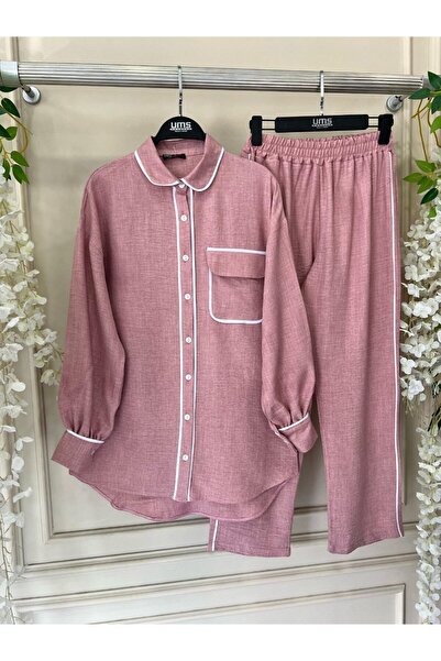 Viskosa طقم مكون من قطعتين من قميص نسائي بياقة مكشكشة وجيب وأزرار وأكمام طويل...