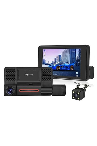 divendi-ro Triple Camera Auto DVR, 4" Display, Full HD 1080p, 170° Angle, Black