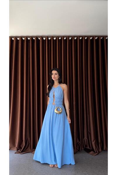 HAZELANNA Синя рокля със златни детайли на гърба