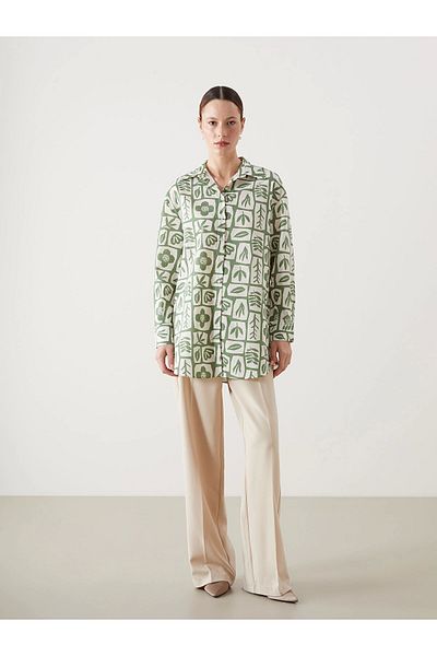 LC Waikiki Lcw Modest Green Print Oversize Women's Shirt Tunic