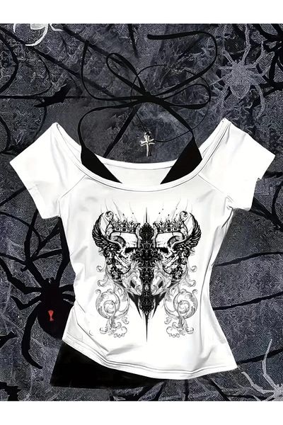 BİQ & TAQ BUTİK White Gothic Angel Collar Additional Strap Short Sleeve Full Body Crop
