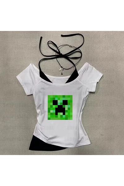 BİQ & TAQ BUTİK White Gothic Creeper Collar Additional Strap Short Sleeve Full Body Crop