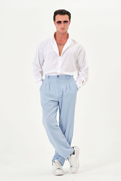 RELAXL 100% Cotton Natural Şile Diaper Comfortable Fit Pleated Baby Blue Boy Pants