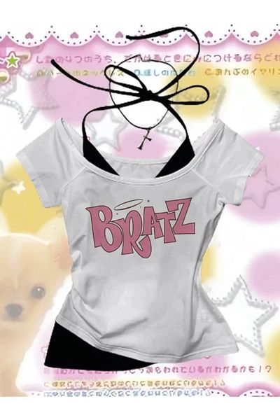BİQ & TAQ BUTİK White Gothic Bratz Collar Additional Strap Short Sleeve Full Body Crop