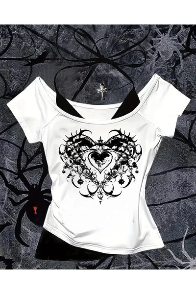 BİQ & TAQ BUTİK White Gothic Heart Collar Additional Strap Short Sleeve Full Body Crop