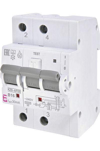 Eti AFDD+RCBO, 2P, 16A, 30mA, 10kA, curve B, type A, KZS-AFDD, 002173814,