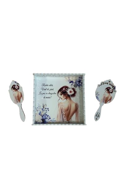 OEM Bride's cooking tray set, white wood with UV print, 3 pieces: tray, mirror and brush, 28x28cm, mod