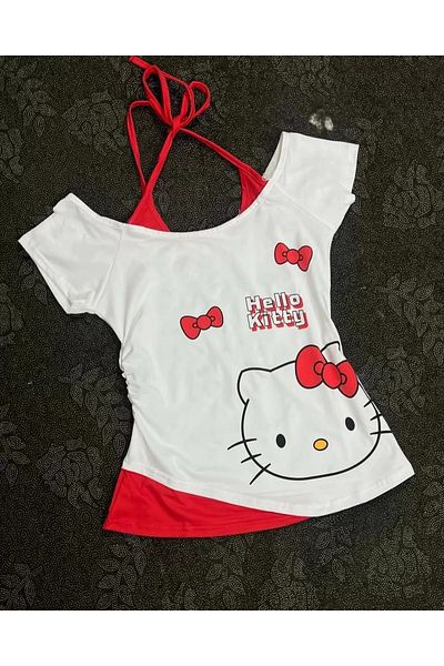 BİQ & TAQ BUTİK White Hello Kitty Short Sleeve Crop with Additional Strap