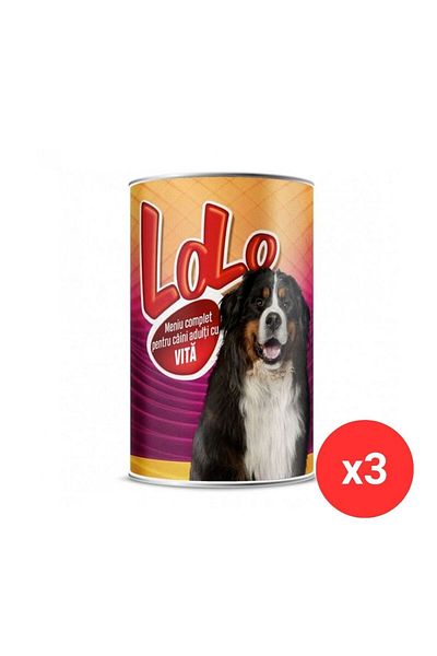 LOLO Hrană umedă pentru câini adulți cu carne de vită, 1240 g x 3 bucăți