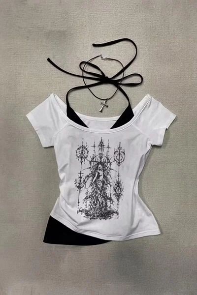 BİQ & TAQ BUTİK White Gothic Wizard Angel White Attached Y2K Short Sleeve Crop