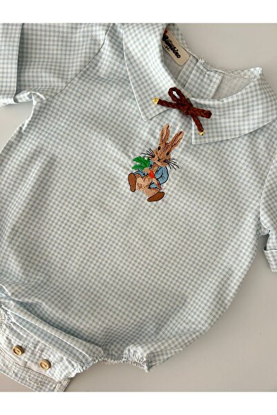 il mio bambino İl Mio Bambino Handmade 100% Cotton Baby Boy Rabbit Embroidered Shirt - Blue Plaid - Short Sleeve