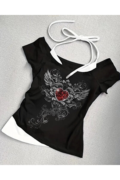 BİQ & TAQ BUTİK Black Gothic Red Love Collar Short Sleeve Full Body Crop with...