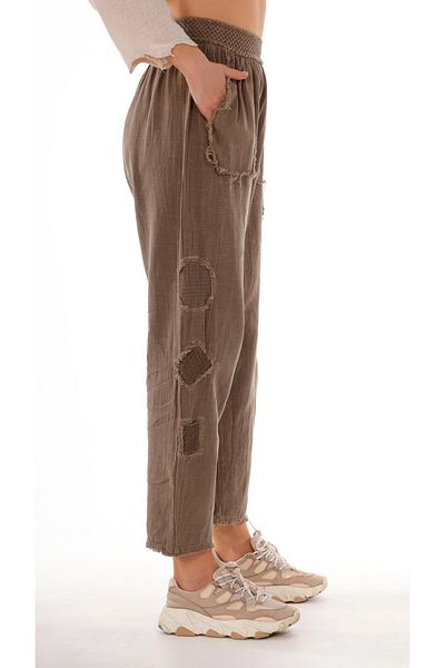 shE tekstil Belted Elastic Linen Pants Brown