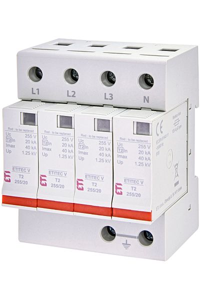 Eti Surge arrester SPD, Three-phase, 4P, T2, 20kA, Uc=255V, AC, ETITEC V, 002442956,