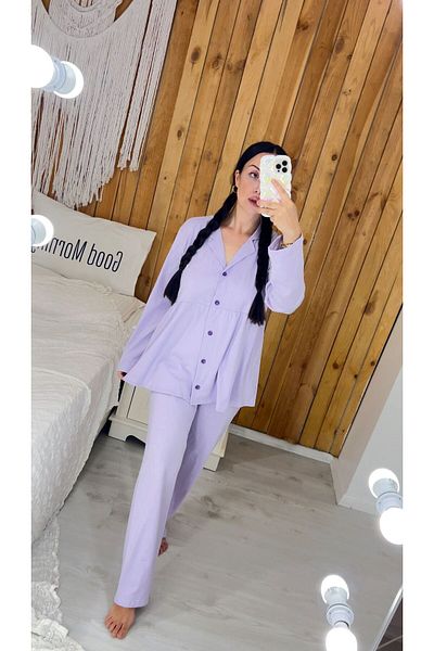 ByGamzeArman Purple Color Long Sleeve Cotton Fabric Loose Fit Maternity Confinement Pajamas Set