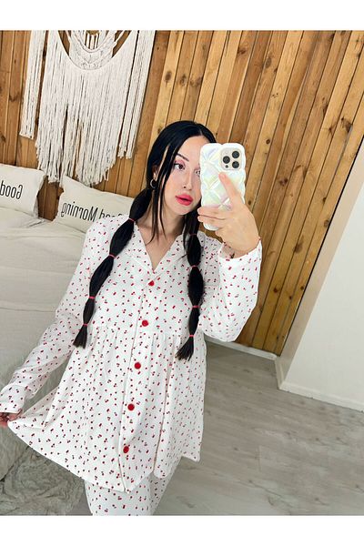 Pijamapartisi Long Sleeve Cherry Pattern Cotton Fabric Wide Fit Maternity Maternity Pajamas Set
