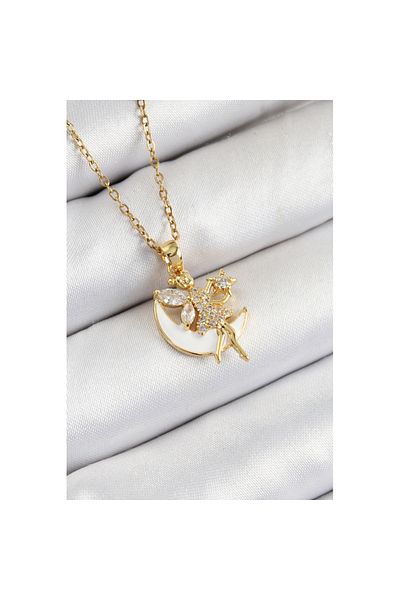 Skygo 316L Steel Zircon Stone Crescent Angel Model Gold Color Women's Necklace - Tj-Bko10365