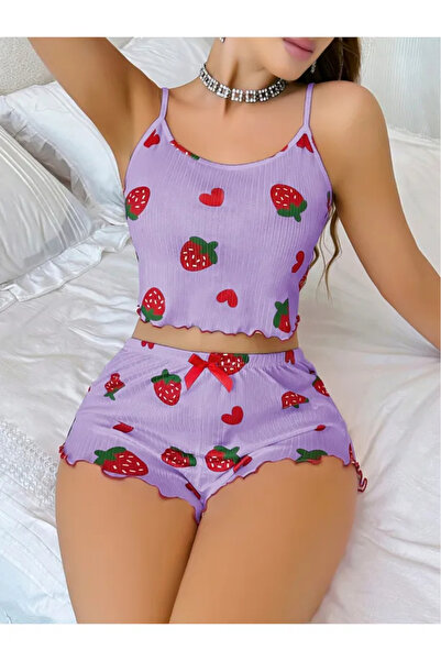 LUXERİA UNDERWEAR Kadın Mor Çilek Desenli Şortlu Pijama Takımı – Askılı Crop Üstlü Tatlı Ev Giyim