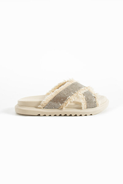 Bufu Angel Beige Denim Tasseled Stone Detailed Cross Slippers