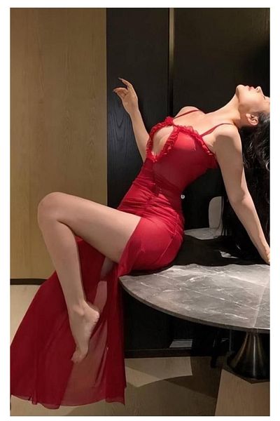 Qvien Secret ROȘU Bretele Lungi Slit Nightwear Special Costum Sexy Fancy Tulle Femei Cămașă de noapte