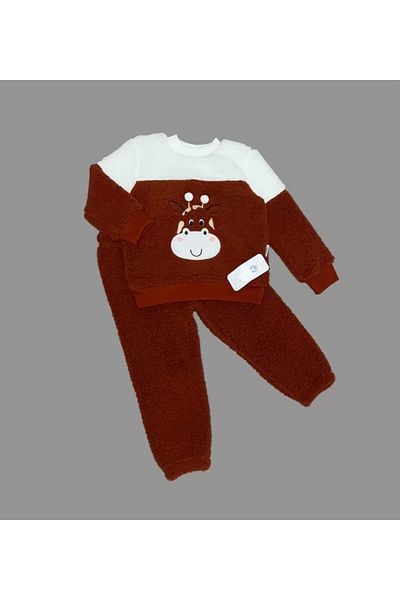 Skygo 1-2-3 Years Old Pom Pom Giraffe Patterned Lamb Fabric Long Sleeve 2-Piece Girl Boy Child Set Brown