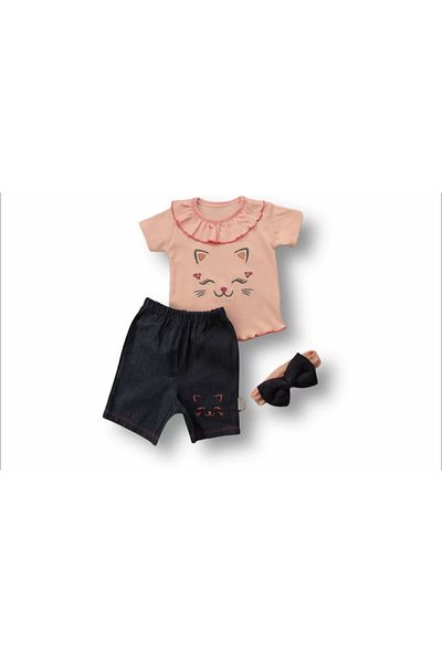 little stars 6-9 9-12 12-18 Months Vip Cat Printed Bandana Short Sleeve Sweat 3-Piece Baby Girl Set Powder
