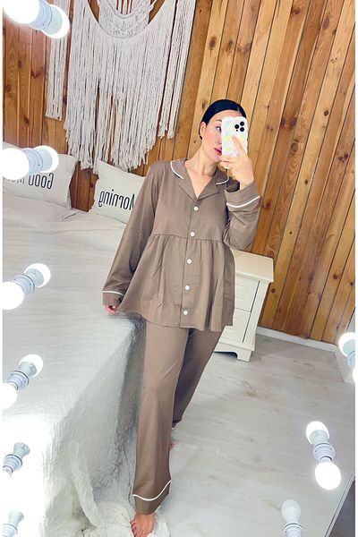 Pijamapartisi Dark Mink Color Combed Cotton Fabric Pleated Maternity Maternity Pajama Set (Wide Fit)