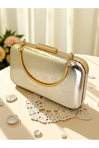 Biçanta Gold Gold Dore Color Snake Pattern Shiny Leather Women's Evening Dress Bag Wedding Engagement Graduation