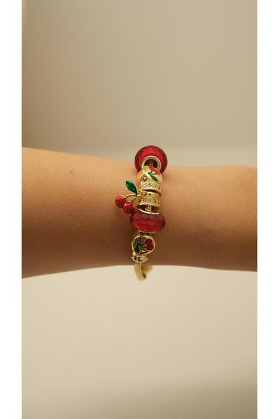 Jerie Gold Cherry and Red Charm Detailed Bracelet
