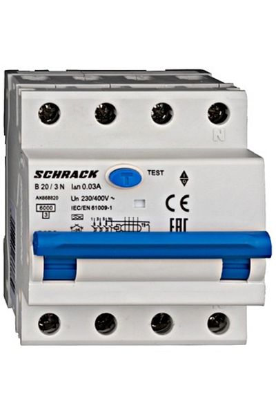 Eti RCBO residual current circuit breaker, 3P+N, 20A, 30mA, 6kA, curve B, type A, AMPARO, AK668820--, Schrack