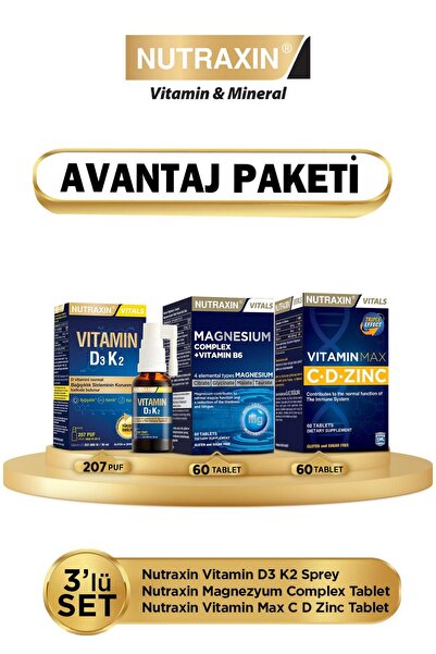 Nutraxin D3K2 Sprey - Magnesium Complex + Vitamin B6 - C.D Çinko (Avantajlı Paket)