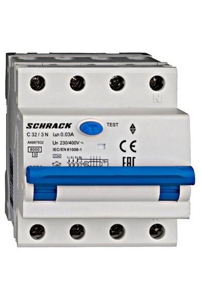 Eti RCBO residual current circuit breaker, 3P+N, 32A, 30mA, 6kA, curve C, type A, AMPARO, AK667832--, Schrack